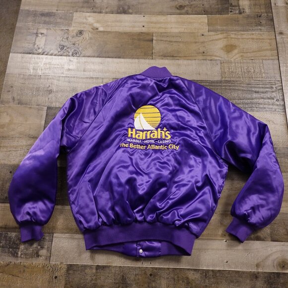 Vintage Satin Bomber Jacket Harrah’s Marina Hotel Casino Large Purple 80s Style - Picture 9 of 12